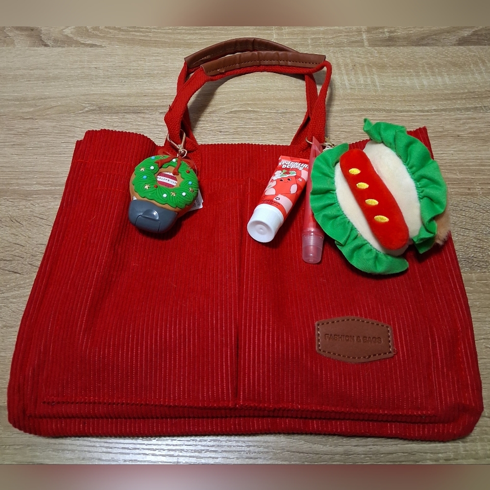 Red Unisex Tote with NEVER USED Beauty and Plushie Keychains Added